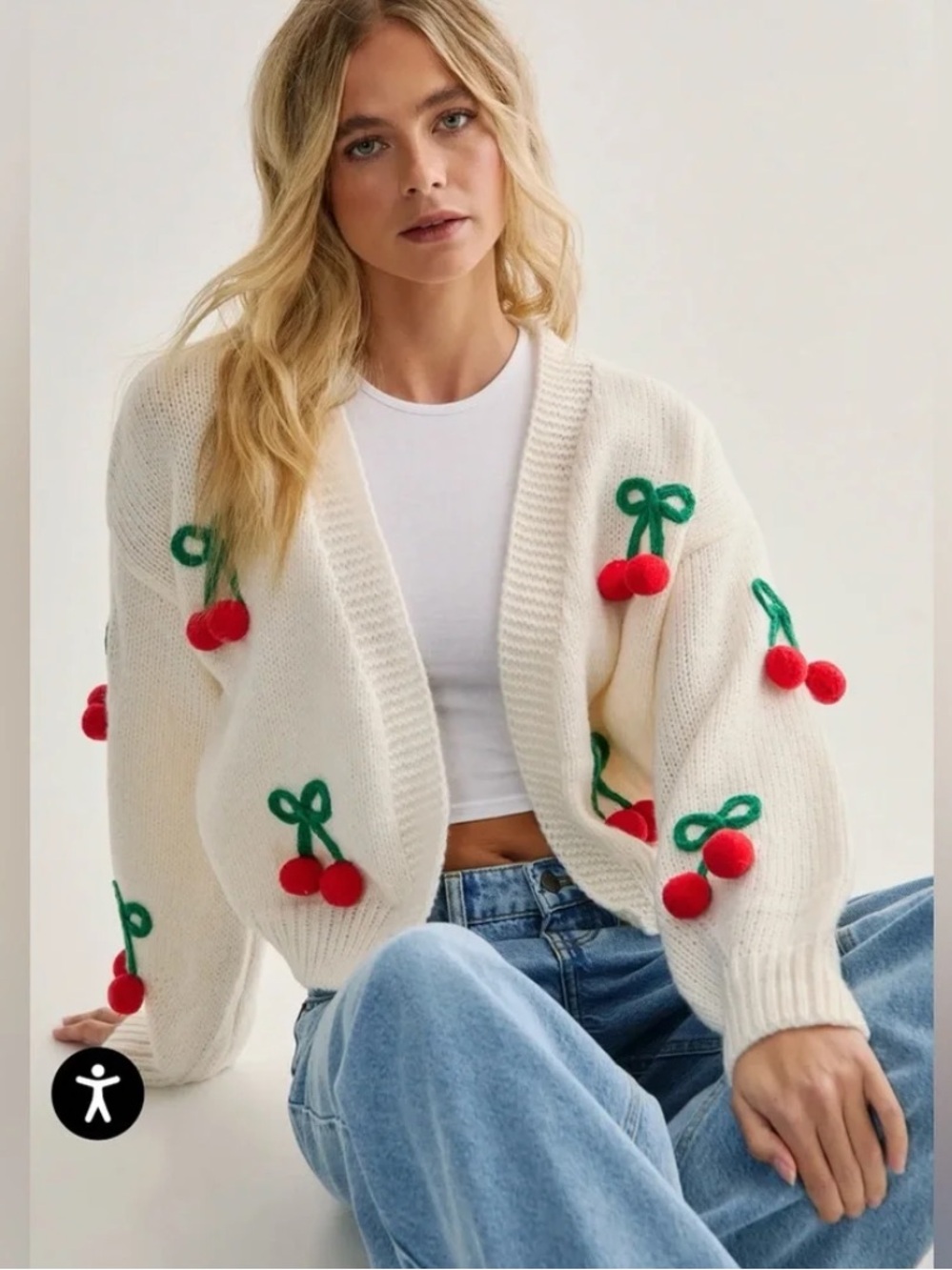 Luna Ivy Cream Cherry Embellished Open Cardigan Sweater in size XS